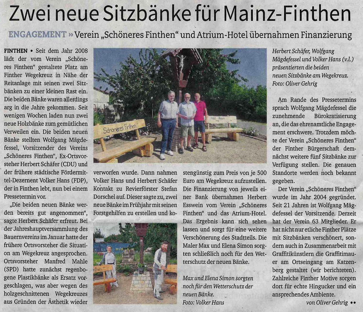 Presseartikel: Zwei neue Sitzbänke für Mainz-Finthen